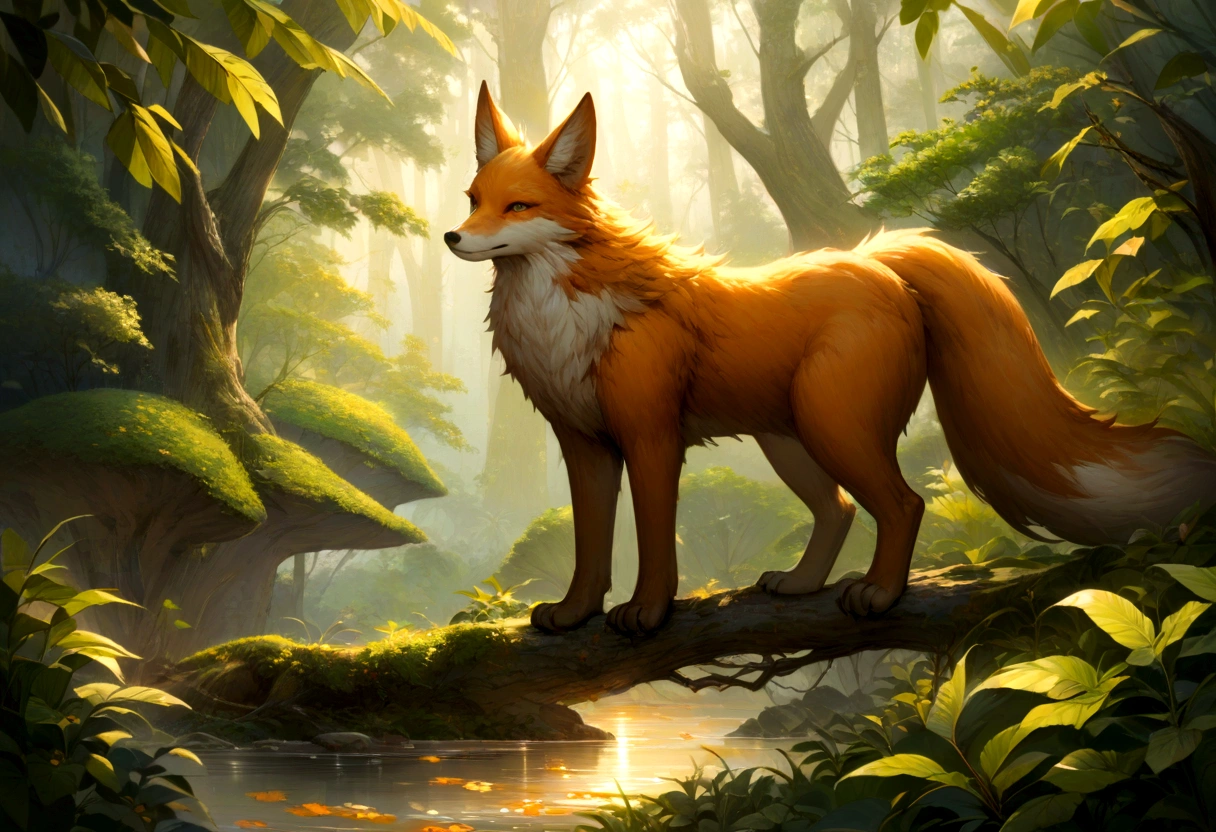 (a beautiful detailed painting,realistic:1.37),the quick brown fox,standing on its hind legs,bathed in warm golden sunlight,flickering shadows enhancing the atmosphere,an enchanting forest as the backdrop,emerald green leaves fluttering gently in the breeze,accentuating the vibrant colors of the scene,an exhilarating sense of motion captured in the frozen moment,eyes fixated on the agile fox,drawn to its mesmerizing presence,the fox's fur meticulously rendered with intricate brushstrokes,showcasing its elegant orange coat,bright brown eyes reflecting curiosity rather than any hint of alertness,sunlight casting a gentle glow on its soft brown fur,adding warmth and tranquility to the composition,creating a harmonious tension that captivates the viewer's attention,the painting evoking a sense of ,adventure,and the wonders of nature,inviting the audience to explore the beauty of the animal kingdom, fox