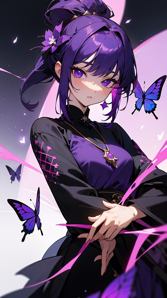 Dark purple hair, very dark eyes with a star in the middle of her eyes, she is the pillar of the night. She has her haori in black and has dark purple butterflies and purple sleeves. Her katana is purple with a purple flower. She has a flower in her pink hairstyle and she has a dark pink necklace with a star figure and she is  and she is kissing Tokito