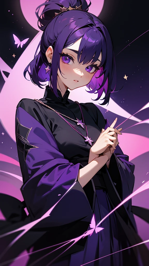 Dark purple hair, very dark eyes with a star in the middle of her eyes, she is the pillar of the night. She has her haori in black and has dark purple butterflies and purple sleeves. Her katana is purple with a purple flower. She has a flower in her pink hairstyle and she has a dark pink necklace with a star figure and she is 14 years old and she is kissing Tokito