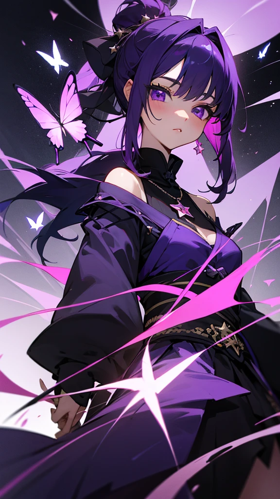 Dark purple hair, very dark eyes with a star in the middle of her eyes, she is the pillar of the night. She has her haori in black and has dark purple butterflies and purple sleeves. Her katana is purple with a purple flower. She has a flower in her pink hairstyle and she has a dark pink necklace with a star figure and she is and she is kissing Tokito