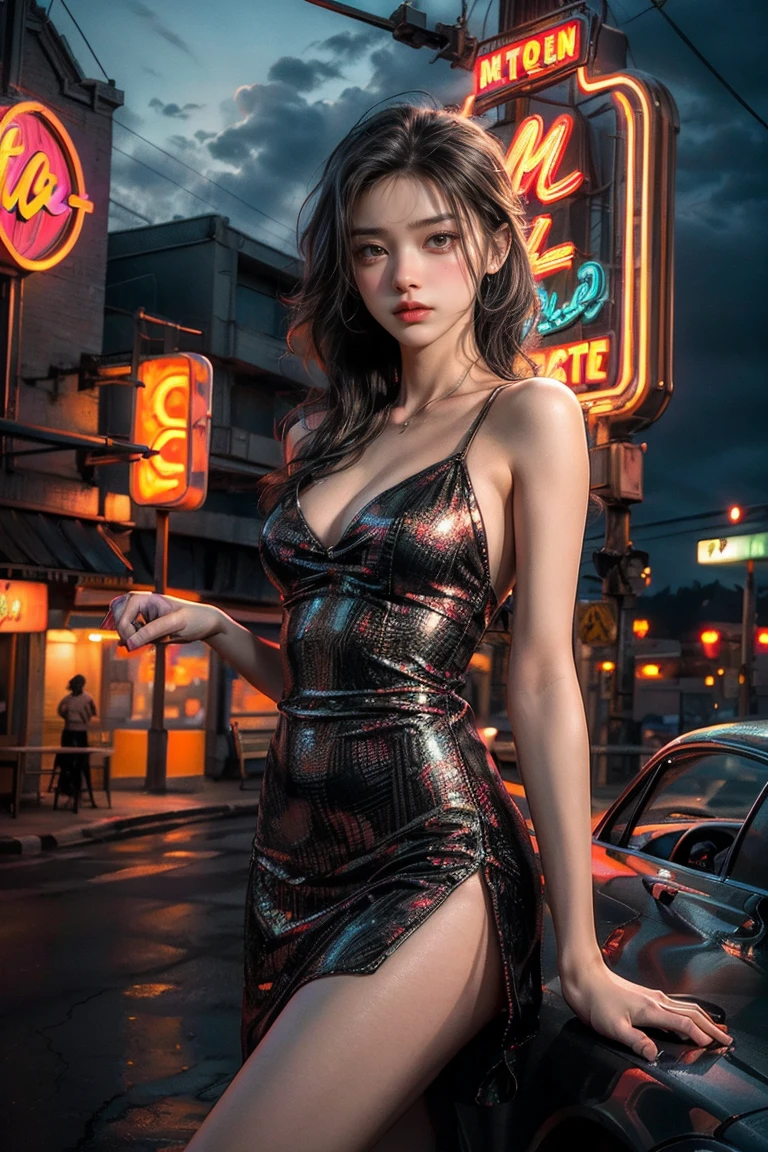 ((masterpiece, best quality, Best image quality, high resolution, realistic, raw photo, 8K)), Araped view of motel with cars parked in front, with neon sign, Woman waiting for guests in front of motel, Temptation, short dress and high heels, route 66, neon sign, 1 9 5 0 Second Americana Tourism, some have neon sign, Neon Lights Outside, neon advertising, gigantic neon sign, neon stores, few neon sign, neon sign in background,