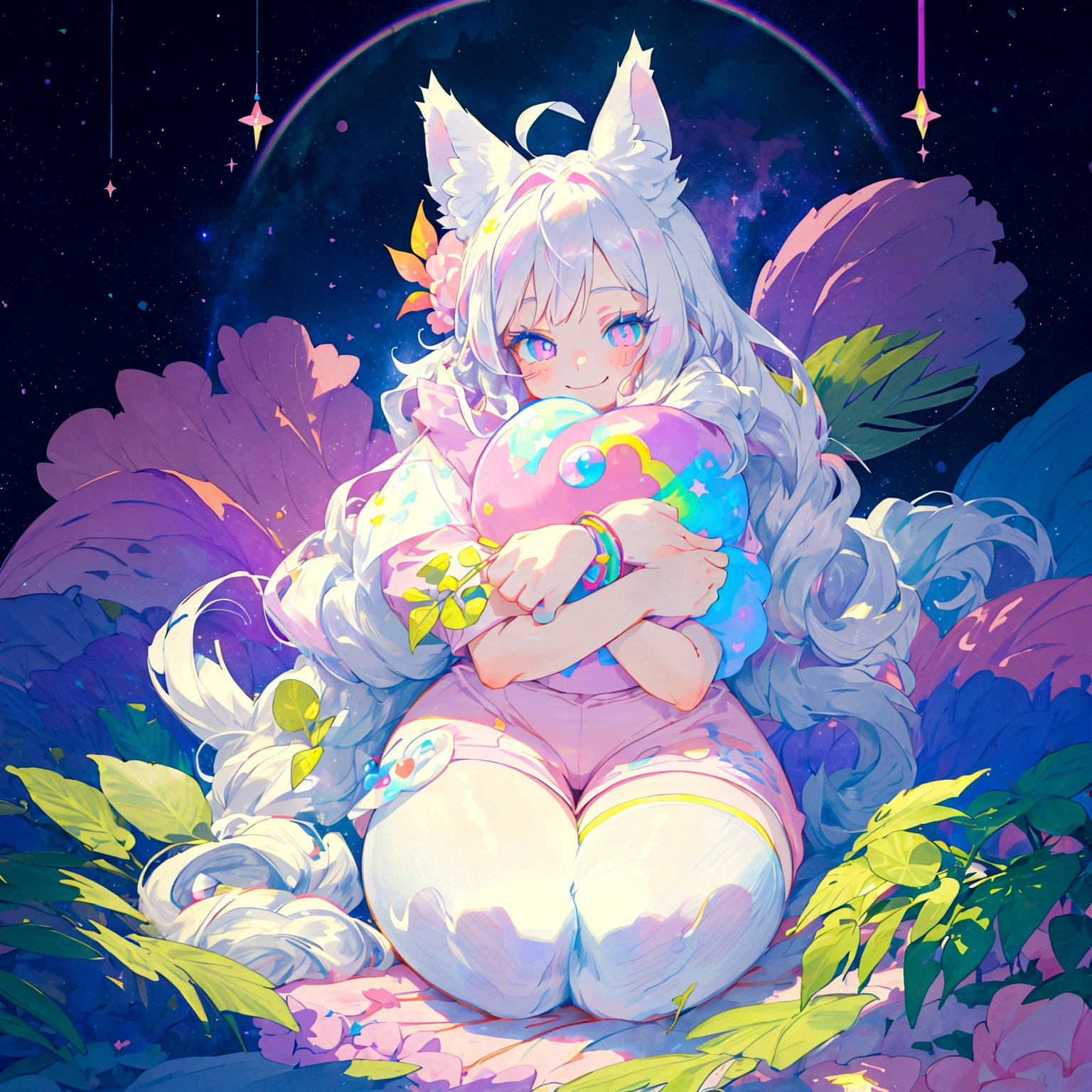 a cute adult male with wolf ears, long white hair, long locks, has a wolf tail, thick thighs, wide hips, short, wearing pink romper with a hood and pink shorts, has heart on shirt, has bunny ears on hood, very slim, showing slender tummy, squishy thighs, has glowing blue eyes. alone, solo (ALONE)(SOLO), surrounded by rainbows, colorful galaxy backround, smiling, on knees ontop of a pile of fluffy plushes, plushies everywhere, kawaii plushies, surrounded by bubbles, surrounded by rainbow leaves, thicc thighs, stretching out, hands covered, hugging plushie