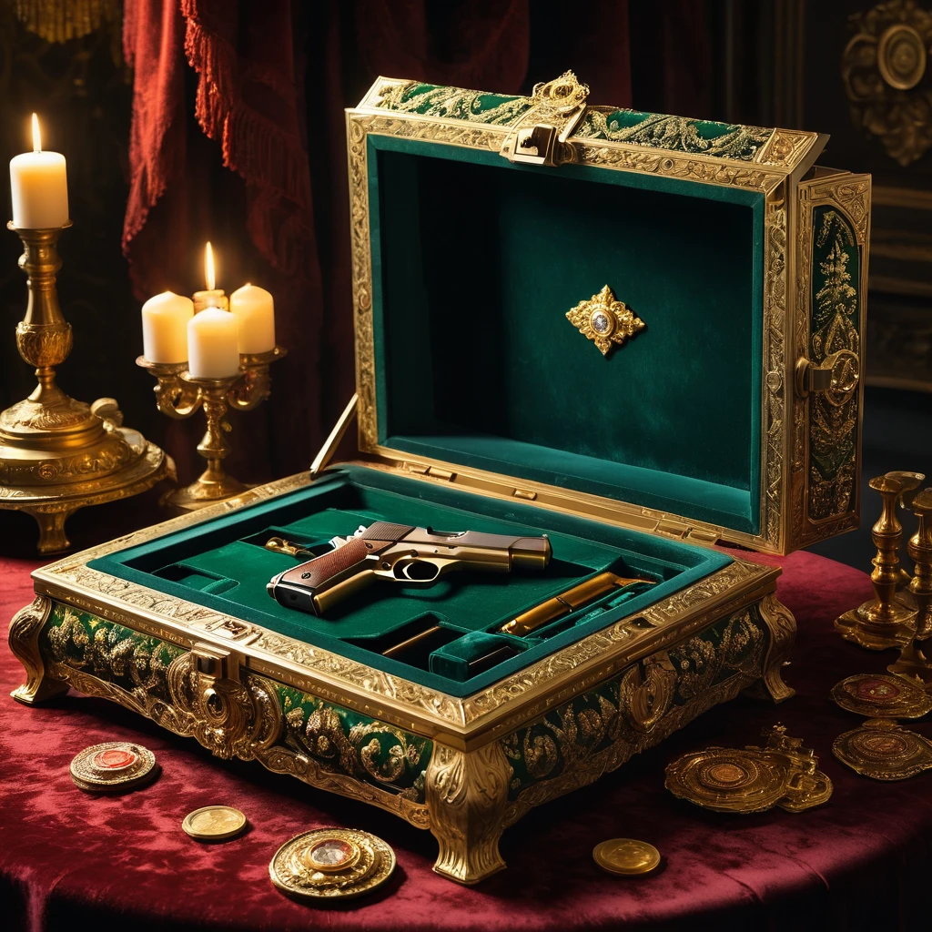 **drone shot, photo realism, ornate handgun safe/jewel box, richly decorated with intricate patterns, placed on a velvet-lined table, Customized decorated period handgun, A few ammo cartridges, golden trim, sparkling gems embedded, surrounded by ancient scrolls, tiny figurines, opulent atmosphere, dim lighting, faint candle glow, shadows dancing, rich reds and deep greens, rim light, high detail, sharp detail, slight haze, vibrant colors, volumetric lighting, hyperrealistic, master level photography, Victorian period, dynamic composition
