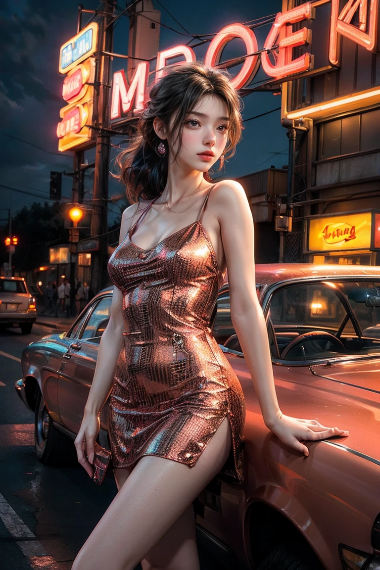 ((masterpiece, best quality, Best image quality, high resolution, realistic, raw photo, 8K)), Araped view of motel with cars parked in front, with neon sign, Woman waiting for guests in front of motel, Temptation, short dress and high heels, route 66, neon sign, 1 9 5 0 Second Americana Tourism, some have neon sign, Neon Lights Outside, neon advertising, gigantic neon sign, neon stores, few neon sign, neon sign in background,