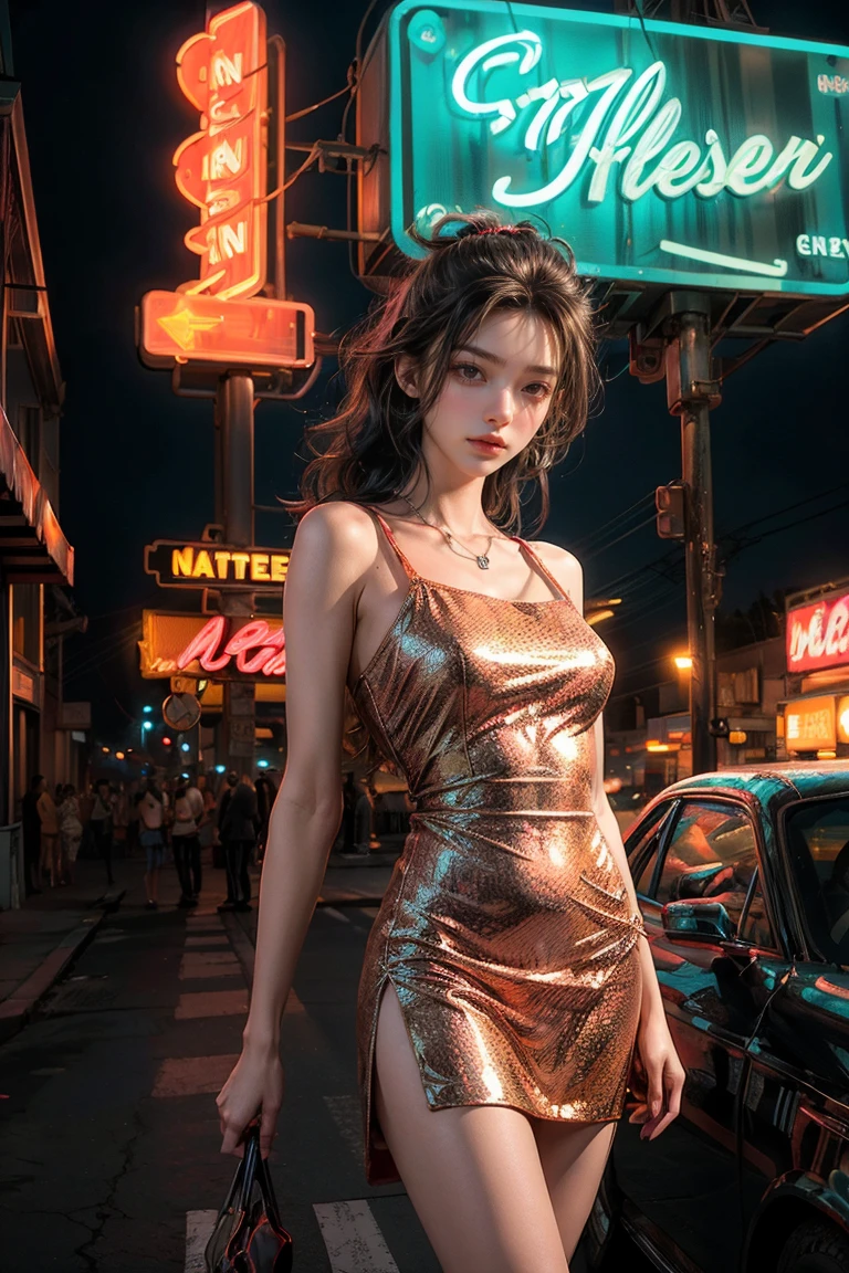 ((masterpiece, best quality, Best image quality, high resolution, realistic, raw photo, 8K)), Araped view of motel with cars parked in front, with neon sign, Woman waiting for guests in front of motel, Temptation, short dress and high heels, route 66, neon sign, 1 9 5 0 Second Americana Tourism, some have neon sign, Neon Lights Outside, neon advertising, gigantic neon sign, neon stores, few neon sign, neon sign in background,