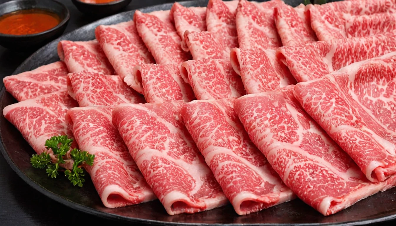 An enticing stack of premium Japanese Wagyu beef slices, meticulously arranged for hot pot, bathed in a focused ambient light that accentuates the meat's surface. This light should make the intricate patterns of fat within the Wagyu shimmer, emphasizing its luxury and enhancing its realism. The Wagyu's signature marbling should glisten under the light, reflecting its rich oil content. The color of the beef should be a deep, vibrant pinkish-red, with heightened saturation and contrast to make it pop. The plate, elegant and understated, should serve as a foundation for the towering Wagyu slices. The photograph's quality should be of high resolution, capturing the depth and height of the stacked Wagyu slices, emphasizing their volume and abundance,