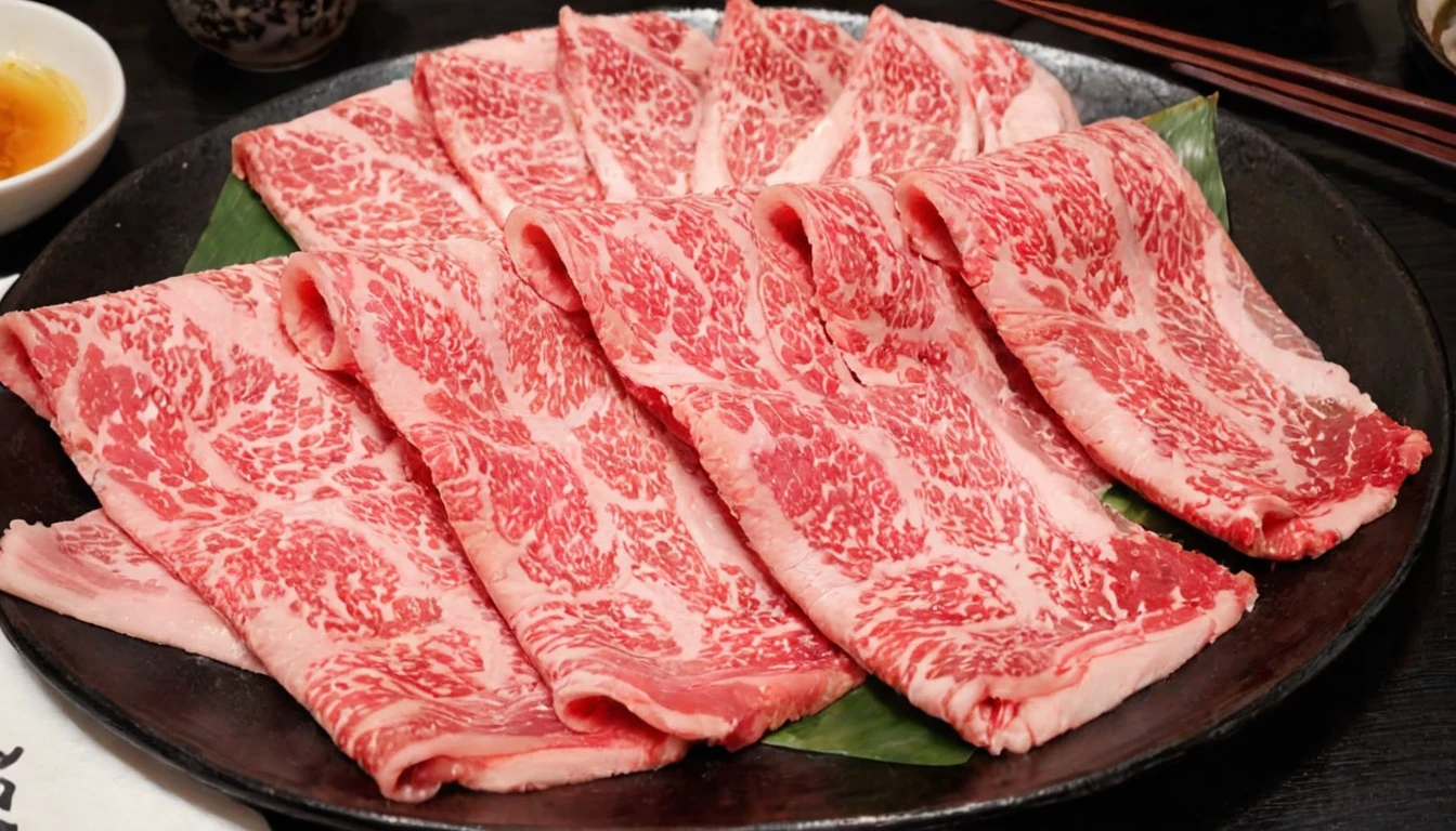 An enticing stack of premium Japanese Wagyu beef slices, meticulously arranged for hot pot, bathed in a focused ambient light that accentuates the meat's surface. This light should make the intricate patterns of fat within the Wagyu shimmer, emphasizing its luxury and enhancing its realism. The Wagyu's signature marbling should glisten under the light, reflecting its rich oil content. The color of the beef should be a deep, vibrant pinkish-red, with heightened saturation and contrast to make it pop. The plate, elegant and understated, should serve as a foundation for the towering Wagyu slices. The photograph's quality should be of high resolution, capturing the depth and height of the stacked Wagyu slices, emphasizing their volume and abundance,