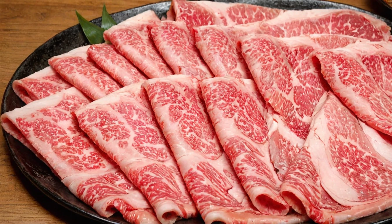 An enticing stack of premium Japanese Wagyu beef slices, meticulously arranged for hot pot, bathed in a focused ambient light that accentuates the meat's surface. This light should make the intricate patterns of fat within the Wagyu shimmer, emphasizing its luxury and enhancing its realism. The Wagyu's signature marbling should glisten under the light, reflecting its rich oil content. The color of the beef should be a deep, vibrant pinkish-red, with heightened saturation and contrast to make it pop. The plate, elegant and understated, should serve as a foundation for the towering Wagyu slices. The photograph's quality should be of high resolution, capturing the depth and height of the stacked Wagyu slices, emphasizing their volume and abundance,