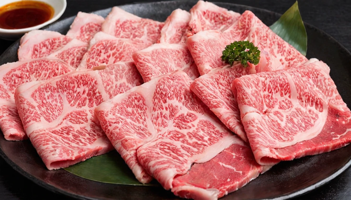 An enticing stack of premium Japanese Wagyu beef slices, meticulously arranged for hot pot, bathed in a focused ambient light that accentuates the meat's surface. This light should make the intricate patterns of fat within the Wagyu shimmer, emphasizing its luxury and enhancing its realism. The Wagyu's signature marbling should glisten under the light, reflecting its rich oil content. The color of the beef should be a deep, vibrant pinkish-red, with heightened saturation and contrast to make it pop. The plate, elegant and understated, should serve as a foundation for the towering Wagyu slices. The photograph's quality should be of high resolution, capturing the depth and height of the stacked Wagyu slices, emphasizing their volume and abundance,