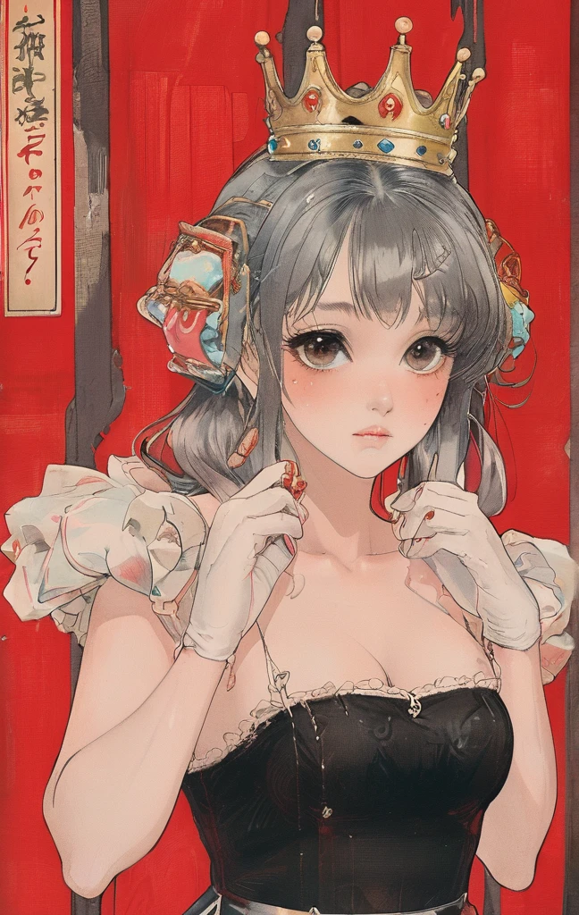 masterpiece, best quality, 1girl, gloves, solo, tongue, red background, black gloves, tongue out, long hair, elbow gloves, bangs, puffy sleeves, open mouth, grey hair, short sleeves, looking at viewer, hands on own face, upper body, blunt bangs, puffy short sleeves, colored tongue, heart, black dress, dress, hands on own cheeks, red eyes, facial mark, crown, simple background, tattoo, string, teeth, halftone