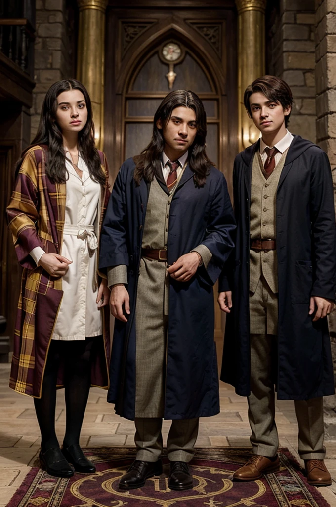three Hogwarts students in robes from their respective houses, one boy in Gryffindor house, one girl in Gryffindor house, and one girl in Ravenclaw house
