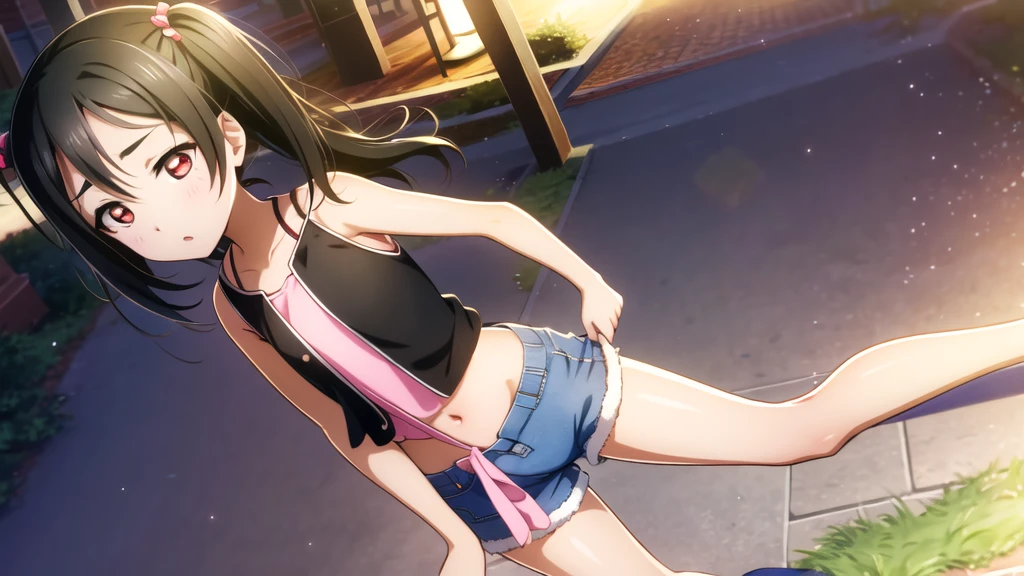 Yazawa nico, Twin tails,Red eyes,((Mid-chest, Tomboy, Small Head)), Dawn, sunlight, (Trained abdominal muscles : 1.1), (Perfect body : 1.1), (Short Wavy Hair : 1.2) , Auburn Hair, collar, Lock, Full Body Shot, Crowded street, Wearing a black tank top, Jeans jacket, ((Shorts)), (Highly detailed CG 8K wallpaper), (Very delicate and beautiful), (masterpiece), (Highest quality:1.0), (ultra High resolution:1.0),  Beautiful lighting ,Perfect Lightning, Realistic Shadows, [High resolution], Detailed skin, Super detailed