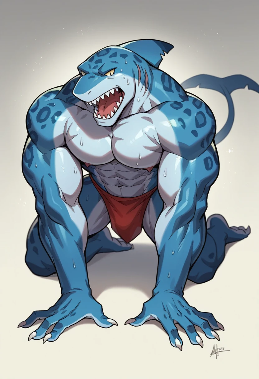 Muscular male,large pecs,Abs are prone to negative skin,Black and blue body,Sweat,Mucus attaches to the body,Greasy and shiny body,Majestic body,Giant body,perfect bodies,Shark line diagram,Whole body diagram,Wide feet,Sharp nails,Wide palms,sharp fingernails,Inverted trapezoidal,Stout arms,timepiece,space-time,Monsters,lion,animal,Terrorist creatures,look at the front horizontally,side,barbarous,on all fours,Brilliant colors,Clear facial features,leopard,mammal,The face of a wild beast,Leopard head,Clear blue and black,Remote viewing,Red secondary color,Facing left