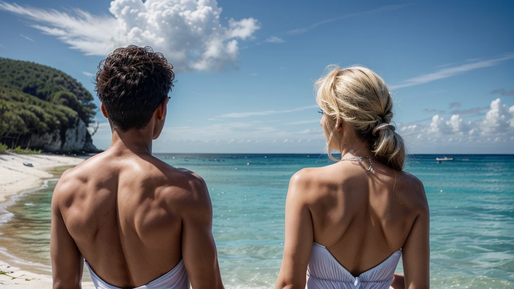 Blue ocean, white beach, man & womans in swimsuit, back view