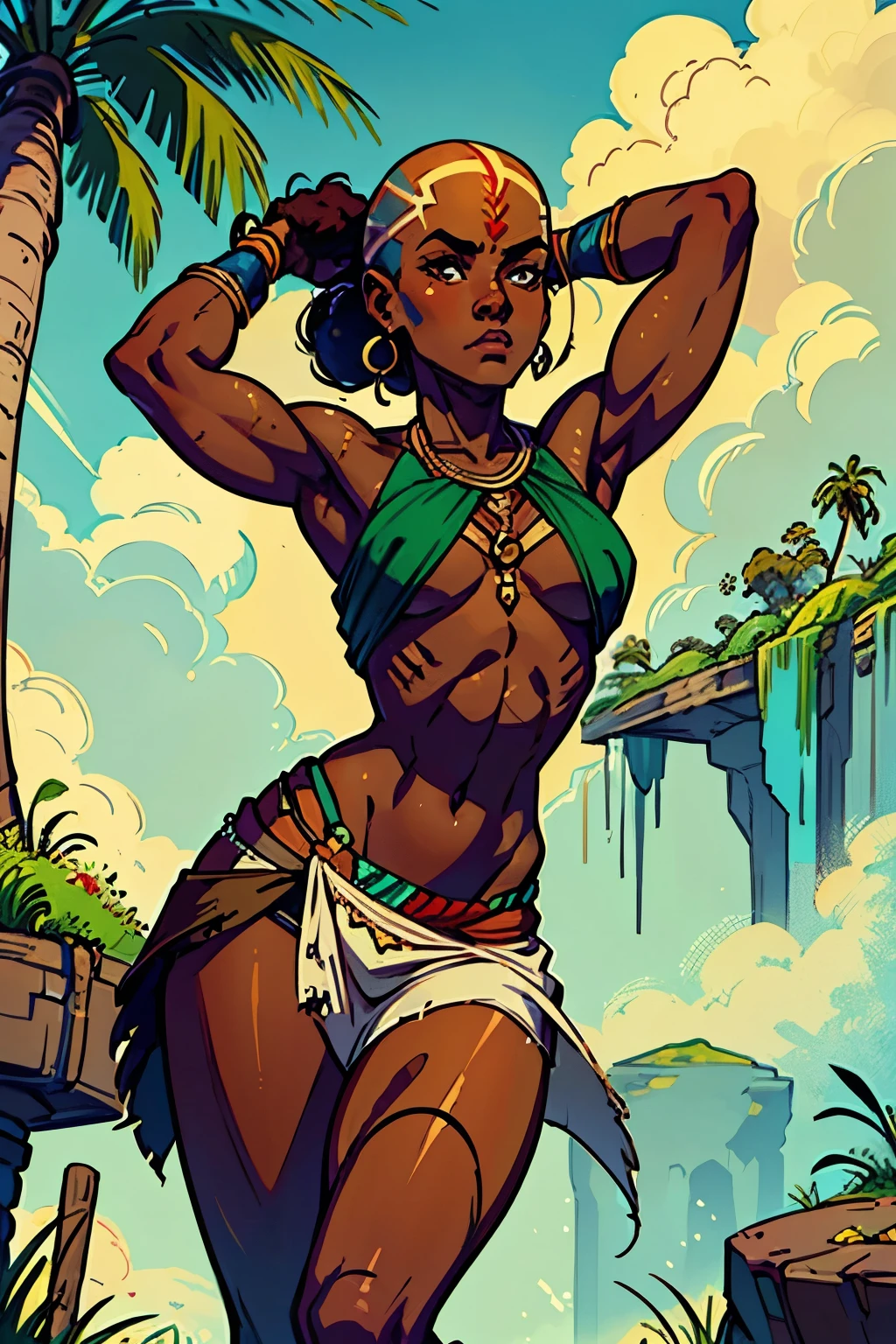 Athletic, muscular woman, ethic, exotic, with small breast, deep brown skin, dark_skin, shaved, bald, barefoot; African, hippie, boho style; dressed in primitive rags, loincloth, nature colors, minimalist clothing, palm leave skirt, headshaved, hairless, sfw