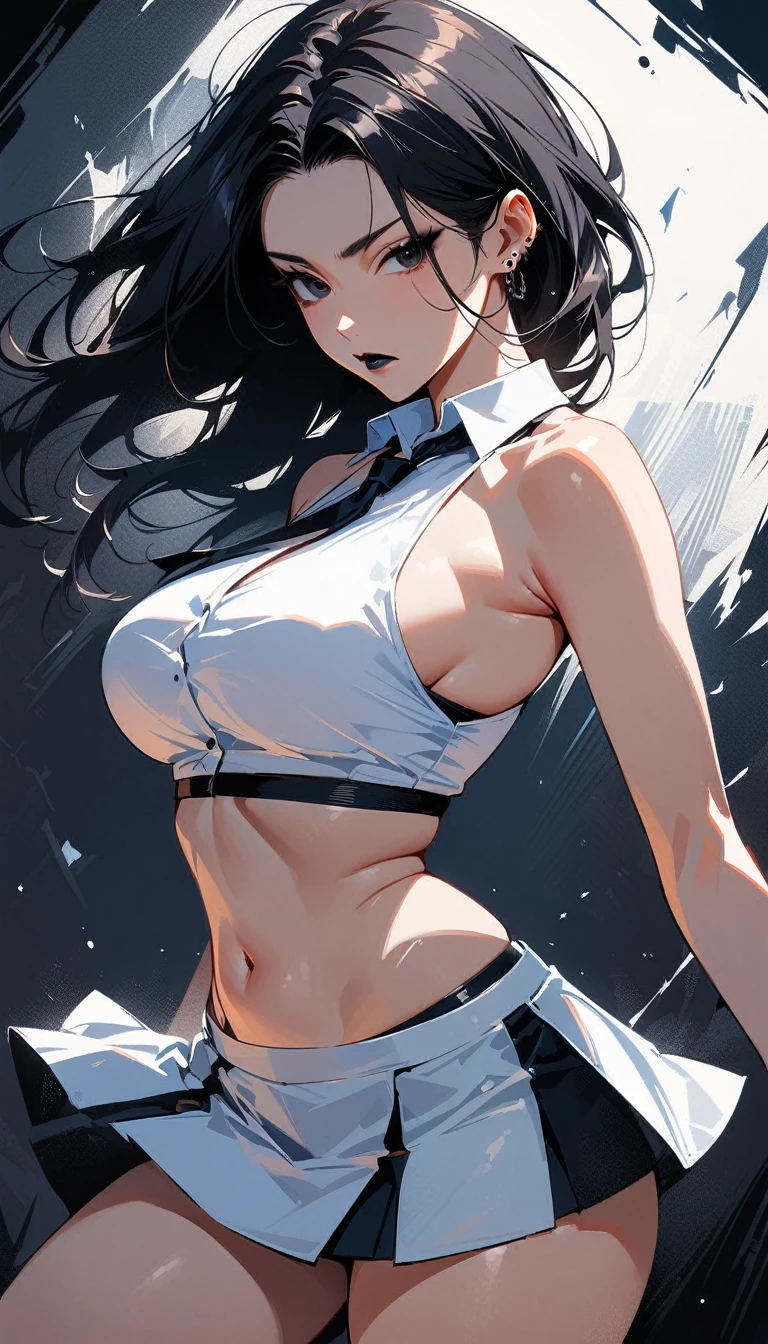 foco facial, retrato, Olhos negros brilhantes, estilo feminino, uma , asymmetrical bangs, franja, cabelos pretos, pigtail, In a bra, Camera Gaze, sorrir, Noite, cidade, Bob Cabelo, abdomen, red lips, camisa, sozinho, Standing, pigtail, parte superior do corpo, underwear, cueca rosa, Linha de Corpo Perfeita, Kubire bonito, Beautiful, cara de