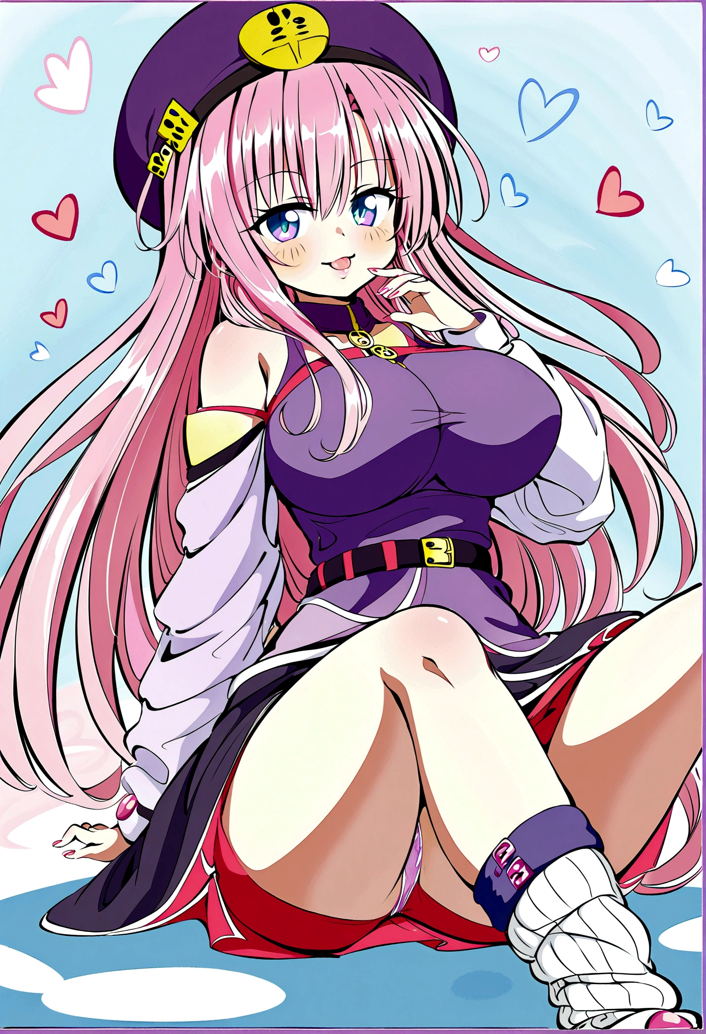 To Love-Ru、Purple off-the-shoulder mini skirt dress、Pink Hair、Big Breasts、White panties、Light purple loose socks、Provocative look、Raw thighs、Light blue eyes、Belt only on left thigh、Character portrait