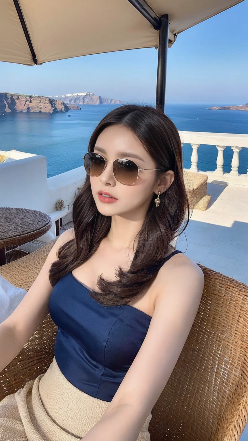 (Highest quality,4K,8K,High resolution,masterpiece:1.2),Super detailed,Realistic,Sexy Girl,One girl,beautiful,Fine grain,Detailed lips,Long eyelashes,Sunbathing,Santorini,Blue domed building,Magnificent View,Vibrant colors,Golden Sun,Warm wind,beautiful夕日,Perfect Skin,Flowing Hair,Sunburned skin,Relaxed posture,Captivating Charm,Romantic atmosphere,Calm background,Classic beauty,Summer atmosphere,beautiful風景,Exotic Locations,photoRealistic,Painting-like,Artistic style,Glamorous look,Perfect Skin,Stylish clothing,Stylish sunglasses,Confidence and grace,Long legs,photograph.