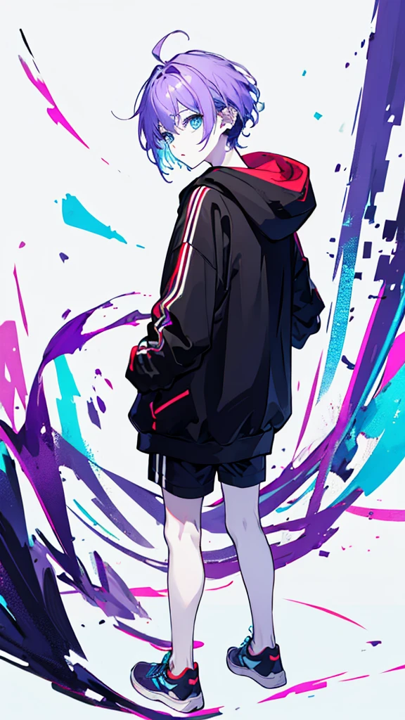 ((Highest quality)), ((masterpiece)), ((1 person)),Perfect Face、male、Purple hair color、Light blue eyes、Very short hair、vocal、pale colour、whole body、Wear sneakers、No background、Wear a black hoodie、look back