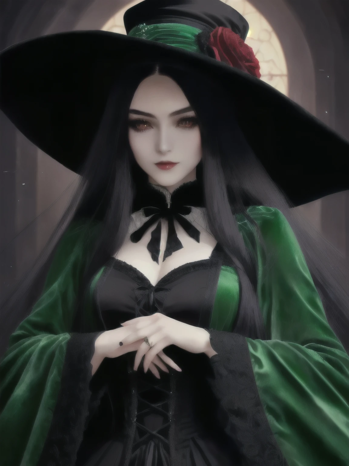 beautiful girl,HD facial details,Wearing a green velvet dress,Wearing a black hat,White long hair,One eye is red,Another black,anime girl wearing black cloak, charlie bowater rich dark, Full body details, elegant victorian vampire, Character Art Close-up