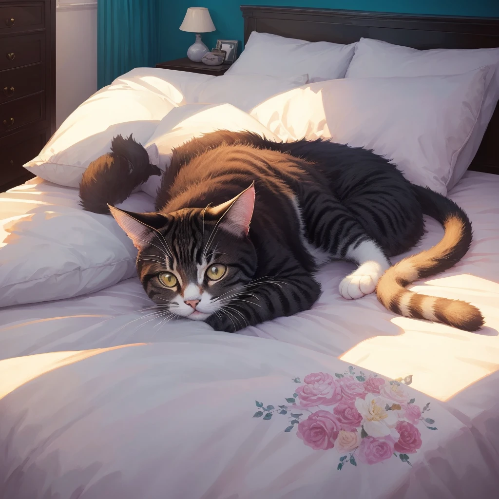 a cat laying on a bed in the room, a detailed painting by Yang J, pixiv, furry art, realistic anime cat, anime visual of a cute cat, anime cat, cute detailed digital art, beautiful illustration, cute detailed artwork, trending on artstation pixiv, kawaii cat, digital art on pixiv