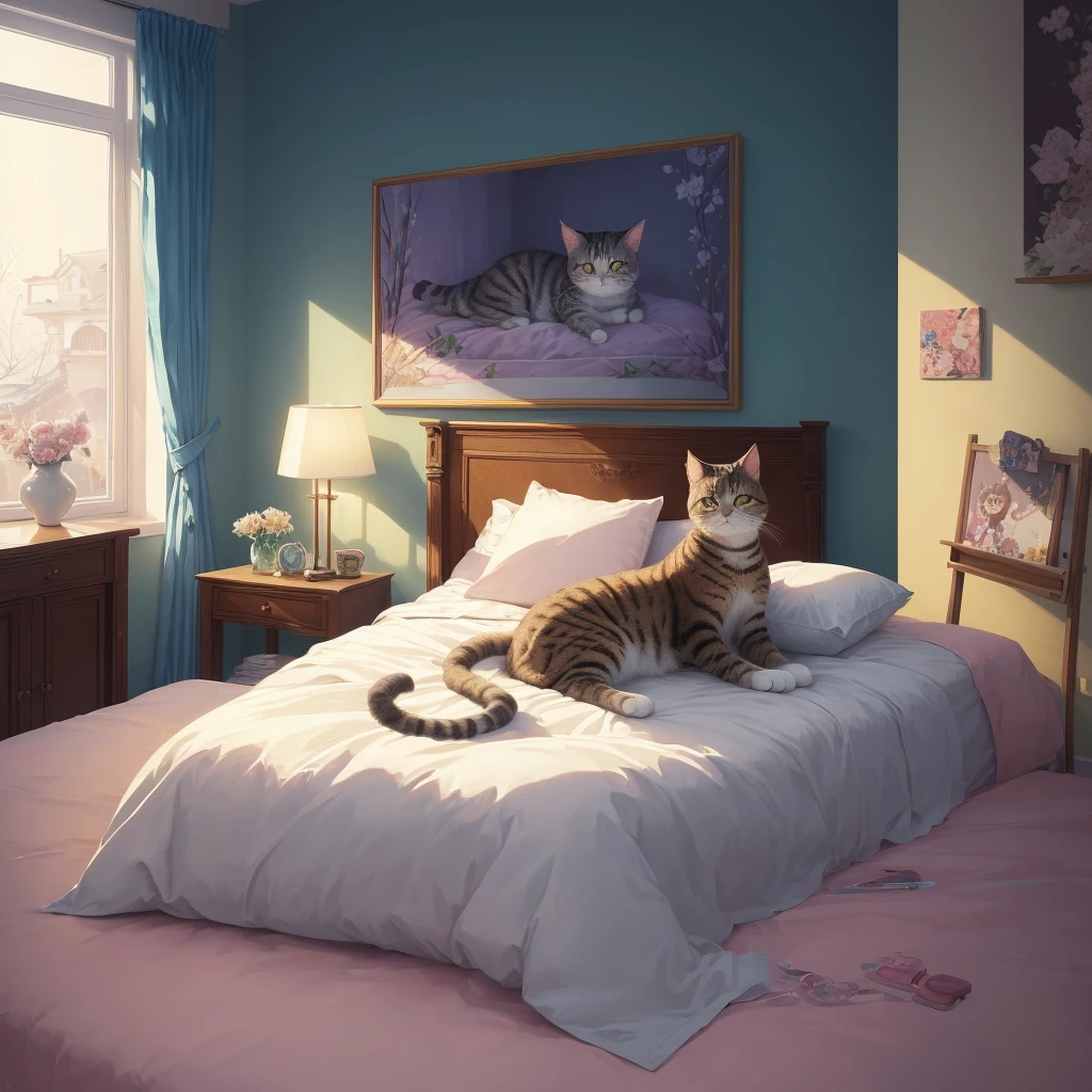a cat laying on a bed in the room, a detailed painting by Yang J, pixiv, furry art, realistic anime cat, anime visual of a cute cat, anime cat, cute detailed digital art, beautiful illustration, cute detailed artwork, trending on artstation pixiv, kawaii cat, digital art on pixiv