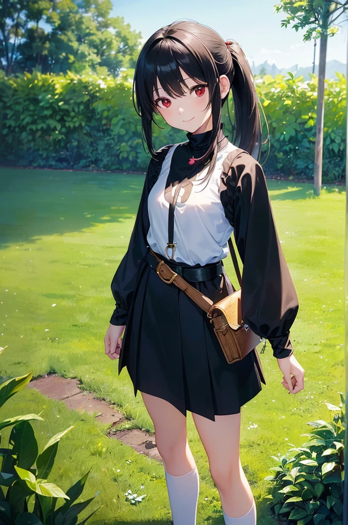 (masterpiece; best quality: 1.2), (finely detailed eyes: 1.3), ((10 year old female ???)), ((solo)), (red eyes: 1.4), (body; short, slender, small breasts: 1.3), (black hair in ponytail: 1.3), (beautiful and clear background: 1.2), ((depth of field)), (clothes: wanderer mage attire + white-and-gold wide-sleeve high-neck shirt + long black skirt + belts + traveler pouches and satchel: 1.3), (anime illustration: 1.2), (background; garden exterior: 1.1), (extremely fine and beautiful: 1.1), (shot composition; standing + centered on torso + close-up: 1.5), (expression; calm, smile: 1.2)