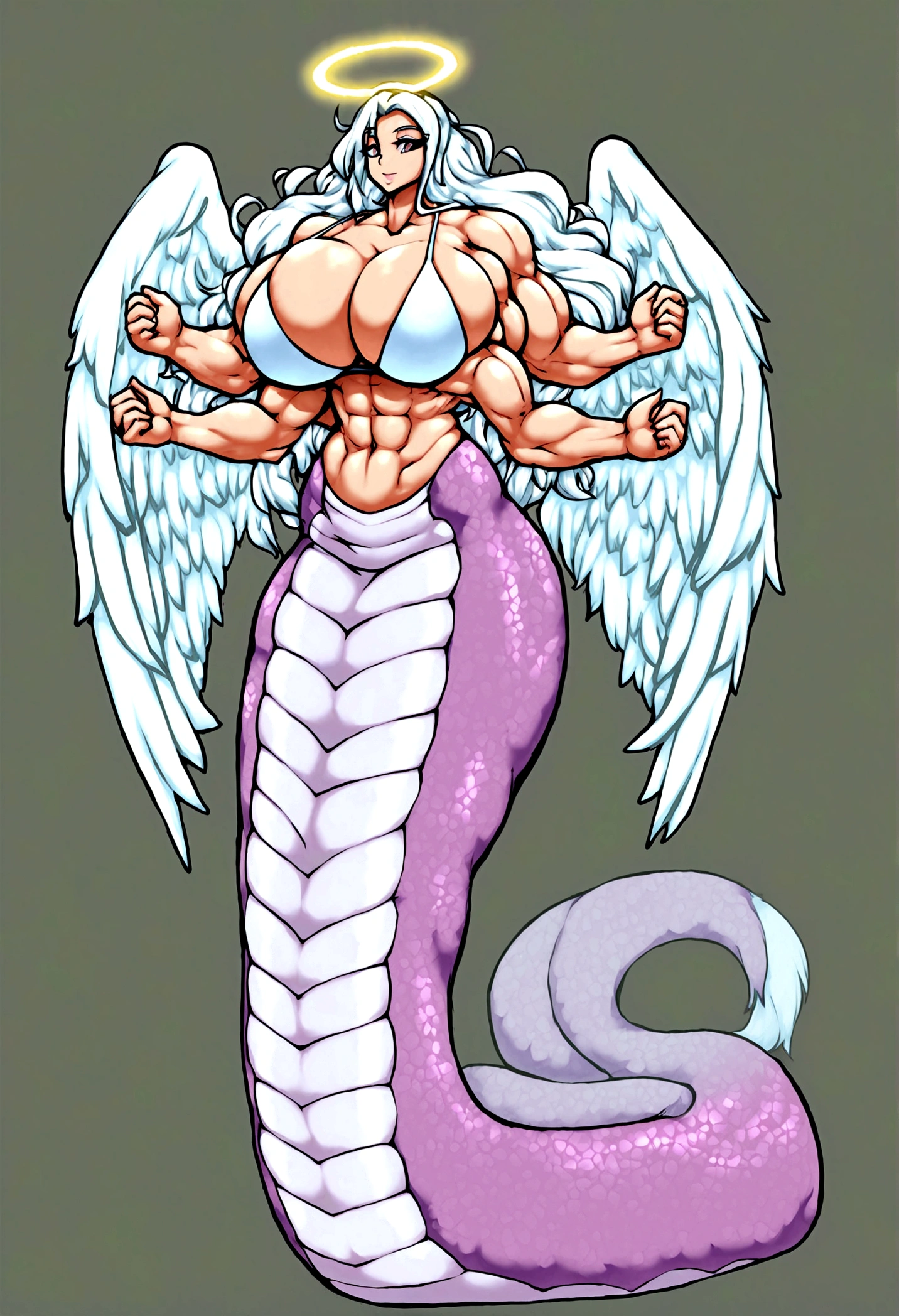 Lamia, long white hair, halo, big angel wings, 9 fluffy tails, gigantic muscle, erect penis, big breasts, 4 arms, full body.