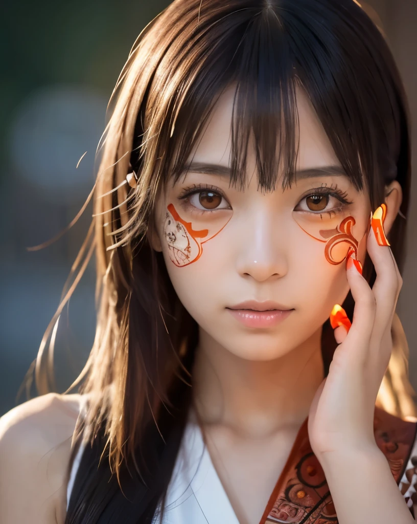 A portrait of a japanese woman with intricate neon henna tattoos covering her face, body, and hands. The tattoos are in shades of red and orange, detailed with precision. Her skin has a soft glow as she is backlit, creating a mesmerizing effect. The image quality is incredibly high at 32k resolution, capturing every minute detail with stunning clarity.