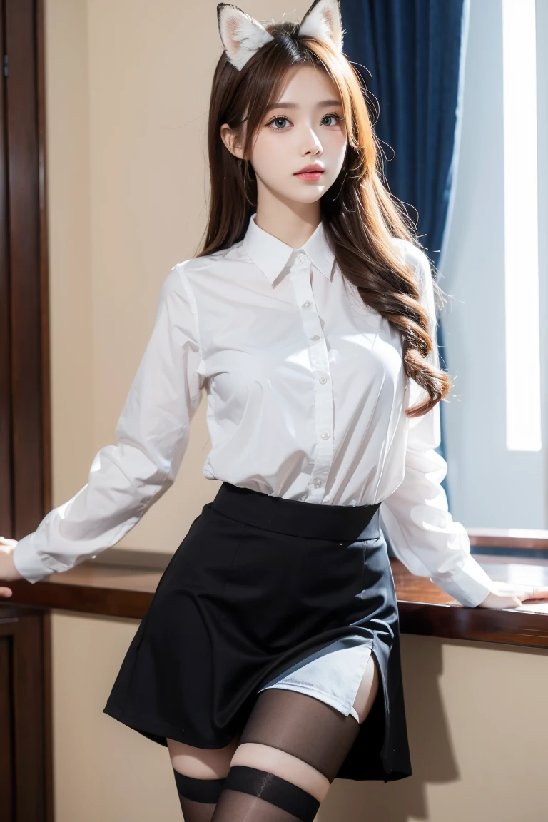 woman with ,golden curly hair,Blue eyes,white fox ears,in a shirt, skirt and stockings