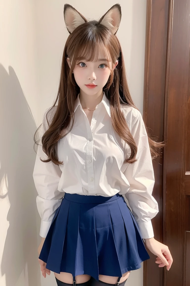 woman with ,golden curly hair,Blue eyes,white fox ears,in a shirt, skirt and stockings