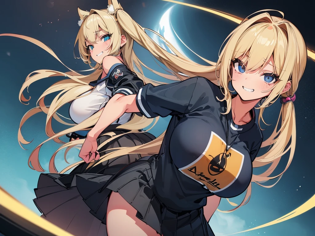 grin、(Big Breasts)、curvy、(((((1 girl)))))、High-pressure poses、night、Dark Back Alley、high school girl、((owncast eyes))、Wearing a jersey、Blonde、dutch angle、from below、Fisheye Lens