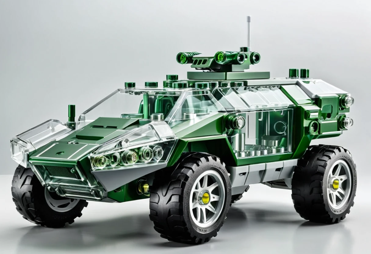 solid light grey background, Green and white transparent mechanical armored vehicle , Complex and sophisticated internal structure, (Well-designed, High Detail, masterpiece, best quality, Ultra HD, Sharpen details)