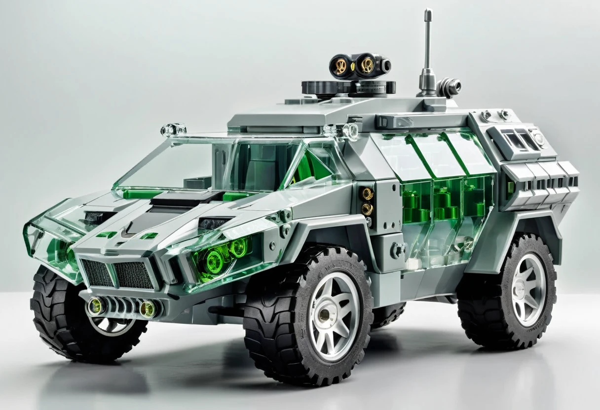 solid light grey background, Green and white transparent mechanical armored vehicle , Complex and sophisticated internal structure,  (Well-designed, High Detail, masterpiece, best quality, Ultra HD, Sharpen details)