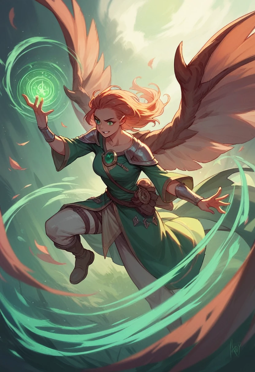 A powerful spell to create a magical protective barrier, a woman using green magic to summon a magical shield perfect for a fantasy world.