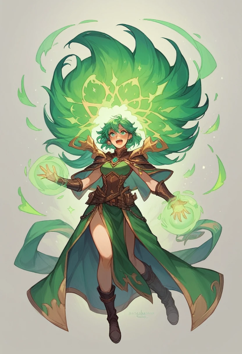 A powerful spell to create a magical protective barrier, a woman using green magic to summon a magical shield perfect for a fantasy world.