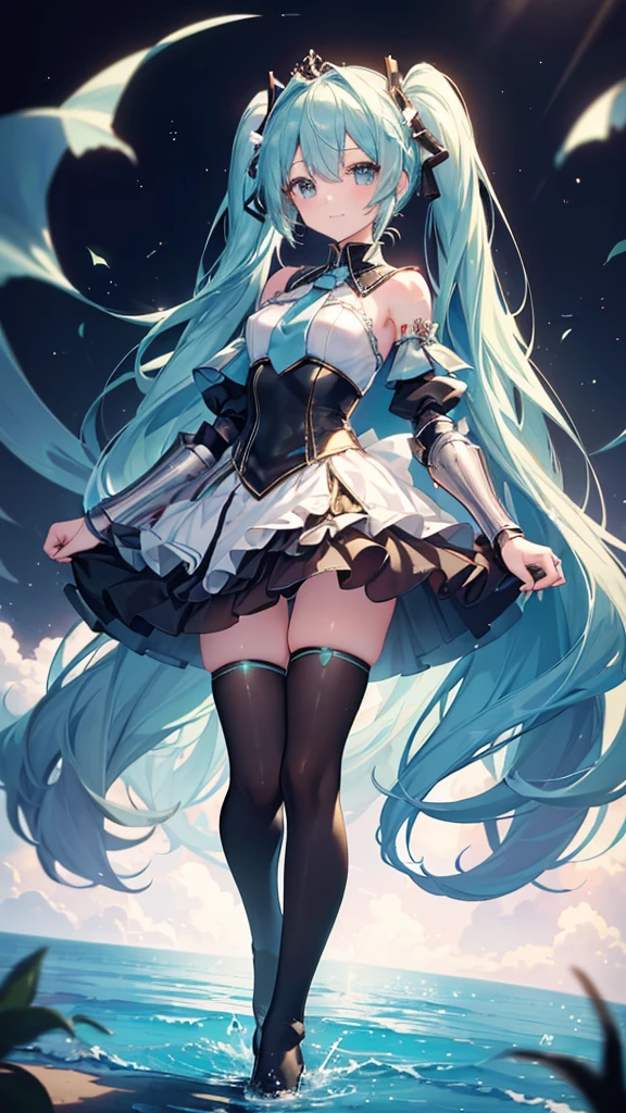 ((masterpiece、8k、highest quality、perfect fingers: 1.5、perfect anatomy: 1.5、background blur))、(、slender、A shy and kind-hearted beautiful girl、Hatsune Miku, (smile:1.5)、((Princess Knight、armor dress、high waist、long tutu leotard、thigh high socks:1.5))、(wide shot、standing position:1.5)、((No background:1.5))、
