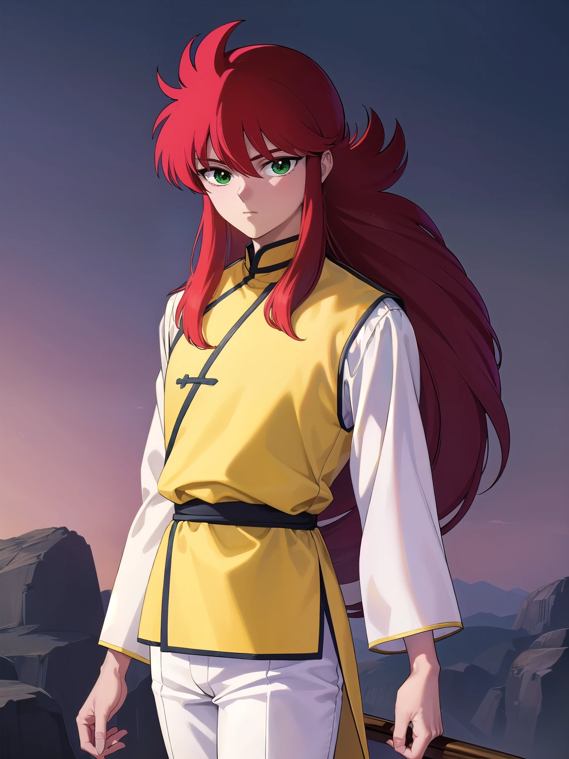 kurama, kurama, long hair, red hair, bangs, (green eyes:1.5), (retro artstyle:1.5), 1990s \(style\),
BREAK long sleeves, pants, chinese clothes, white pants, (yellow shirt:1.5), (white sleeves:1.5), (pelvic curtain:1.2), sash, sleeveless shirt, (((dark sky back ground)))
BREAK looking at viewer, cowboy shot,
BREAK (masterpiece:1.2), best quality, high resolution, unity 8k wallpaper, (illustration:0.8), (beautiful detailed eyes:1.6), extremely detailed face, perfect lighting, extremely detailed CG, (perfect hands, perfect anatomy),