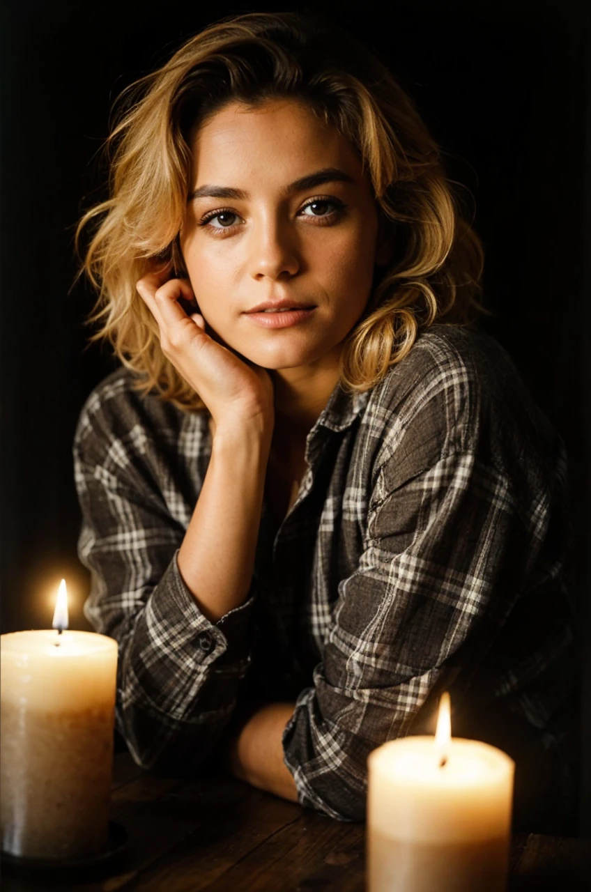 photographie d'une femme, (expression faciale troublée), Peau texturée, chair de poule, cheveux afro blonds, chemise en flanelle à carreaux avec un jean boyfriend vieilli, tir de cow-boy, grotte sombre et mystérieuse avec des formations rocheuses uniques et des merveilles cachées, yeux parfaits, (Aux chandelles,Clair-obscur), Support 160 couleurs, tourné sur ARRI ALEXA 65, bokeh, mise au point nette sur le sujet, tourné par Don McCullin