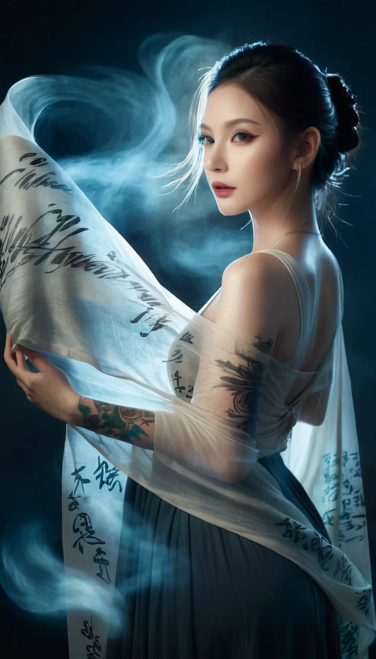 Double Exposure Style,Volumetric Lighting,a girl (Supermodel) with Wrap top,arching her back, beautiful tattoo, Traditional Attire,Artistic Calligraphy and Ink,light depth,dramatic atmospheric lighting,Volumetric Lighting,double image ghost effect,image combination,double exposure style,