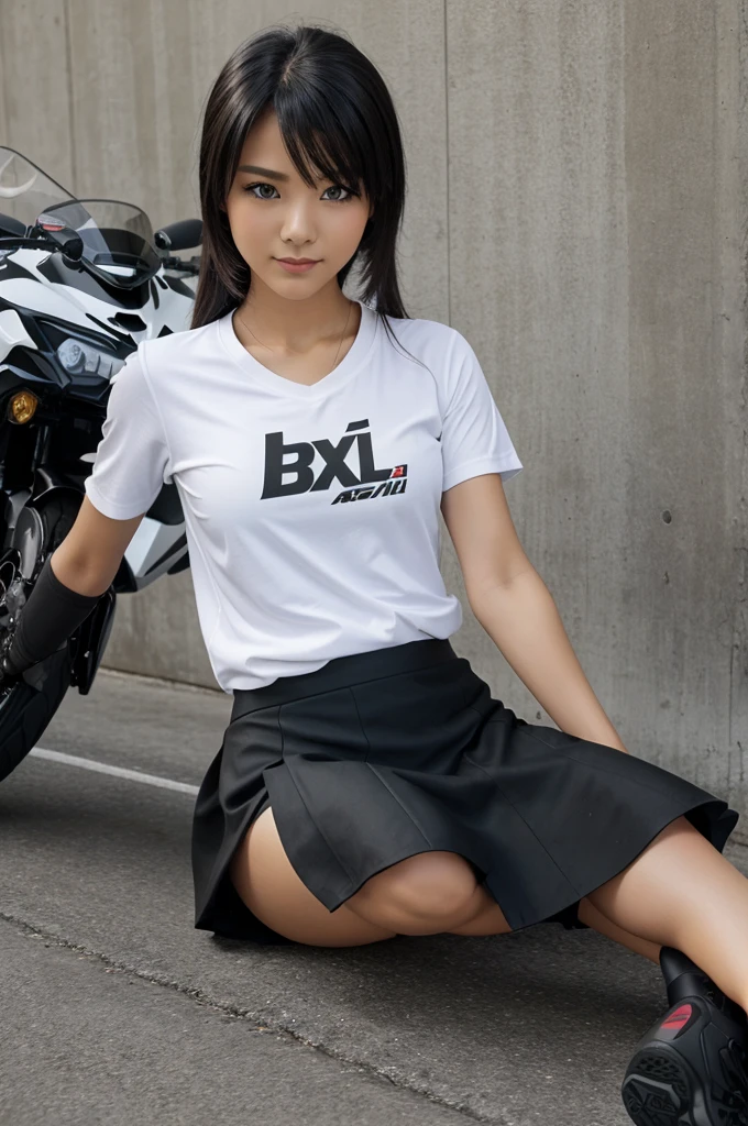 Beautiful girl sit on the bike wear white shirt with short black skirt name is aska bile is kawasaki ninja zx10 modified with wear black shoe