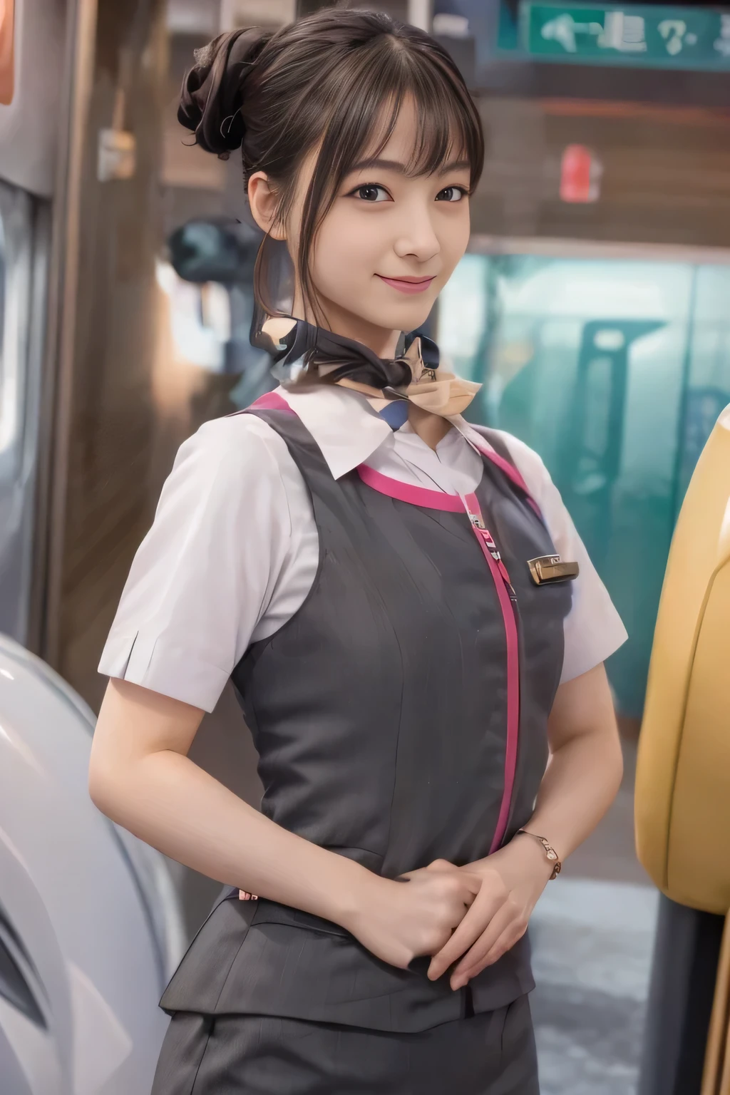 (masterpiece:1.2, Highest quality:1.2), 32k HDR, High resolution, (alone、One girl)、（At the station platform、Professional Lighting）、Empty train station platform background、（Realistic style of JR Gran Class crew uniform）、Short sleeve blouse、a scarf around the neck、（JR Gran Class flight attendant uniform with pink parts on the skirt sleeves）、（The uniform of a flight attendant in JR Gran Class has a pink line on the front zipper of the vest.）、Dark brown hair、（Chignon、Hair tied up）、Dark brown hair、Long Shot、Big Breasts、（（Great hands：2.0）），（（Harmonious body proportions：1.5）），（（Normal limbs：2.0）），（（Normal finger：2.0）），（（Delicate eyes：2.0）），（（Normal eyes：2.0））)、Big Breasts、Luxury Necklace、smile、Beautiful standing posture,Place your hands around your stomach