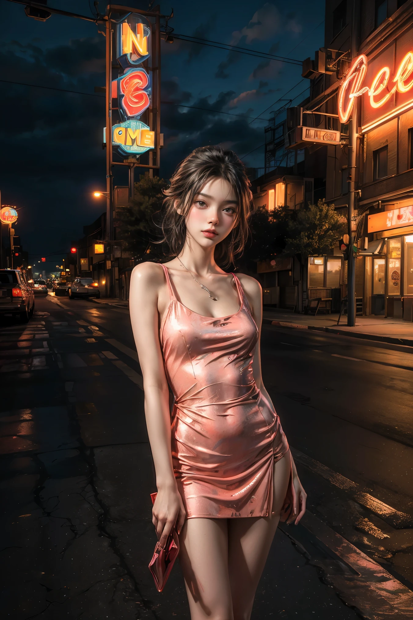 ((masterpiece, best quality, Best image quality, high resolution, realistic, raw photo, 8K)), Araped view of motel with cars parked in front, with neon sign, Woman waiting for guests in front of motel, Temptation, short dress and high heels, route 66, neon sign, 1 9 5 0 Second Americana Tourism, some have neon sign, Neon Lights Outside, neon advertising, gigantic neon sign, neon stores, few neon sign, neon sign in background,
