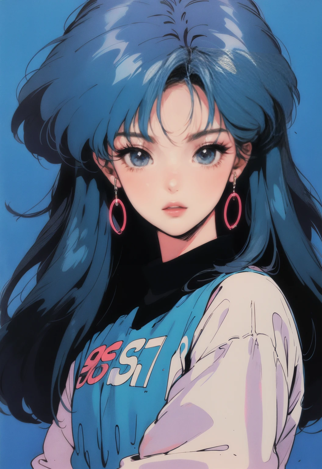 Calm pastel colors, Retro Anime, аниме 1990-х, 1980s anime, Strokes, Anime Style, 1 Girl, solo, Blue hair strokes, black eye, Blue clothes, Upper Body, Big Face, Simple Background
