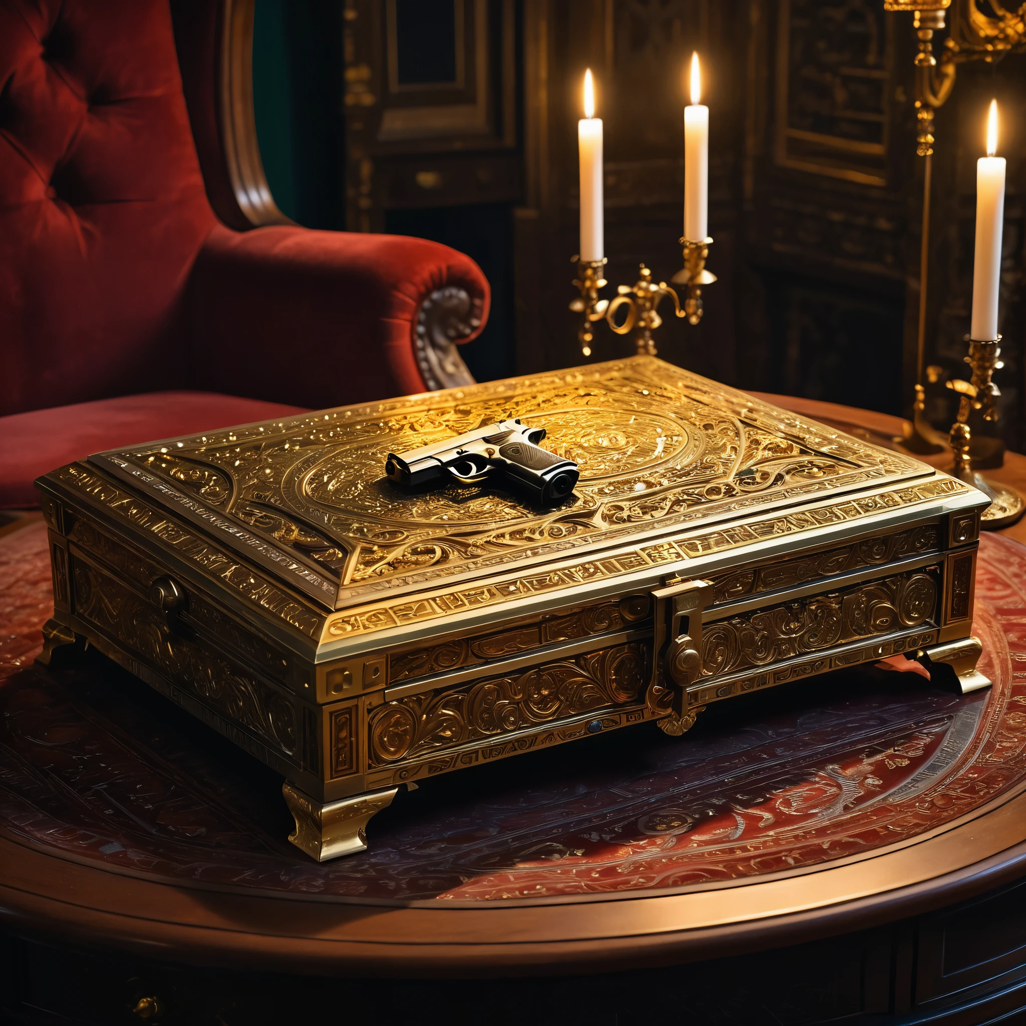 **drone shot, photo realism, ornate handgun safe/jewel box, richly decorated with intricate patterns, placed on a velvet-lined table, Customized decorated period handgun, A few ammo cartridges, golden trim, sparkling gems embedded, surrounded by ancient scrolls, tiny figurines, opulent atmosphere, dim lighting, faint candle glow, shadows dancing, rich reds and deep greens, rim light, high detail, sharp detail, slight haze, vibrant colors, volumetric lighting, hyperrealistic, master level photography, Victorian period, dynamic composition
