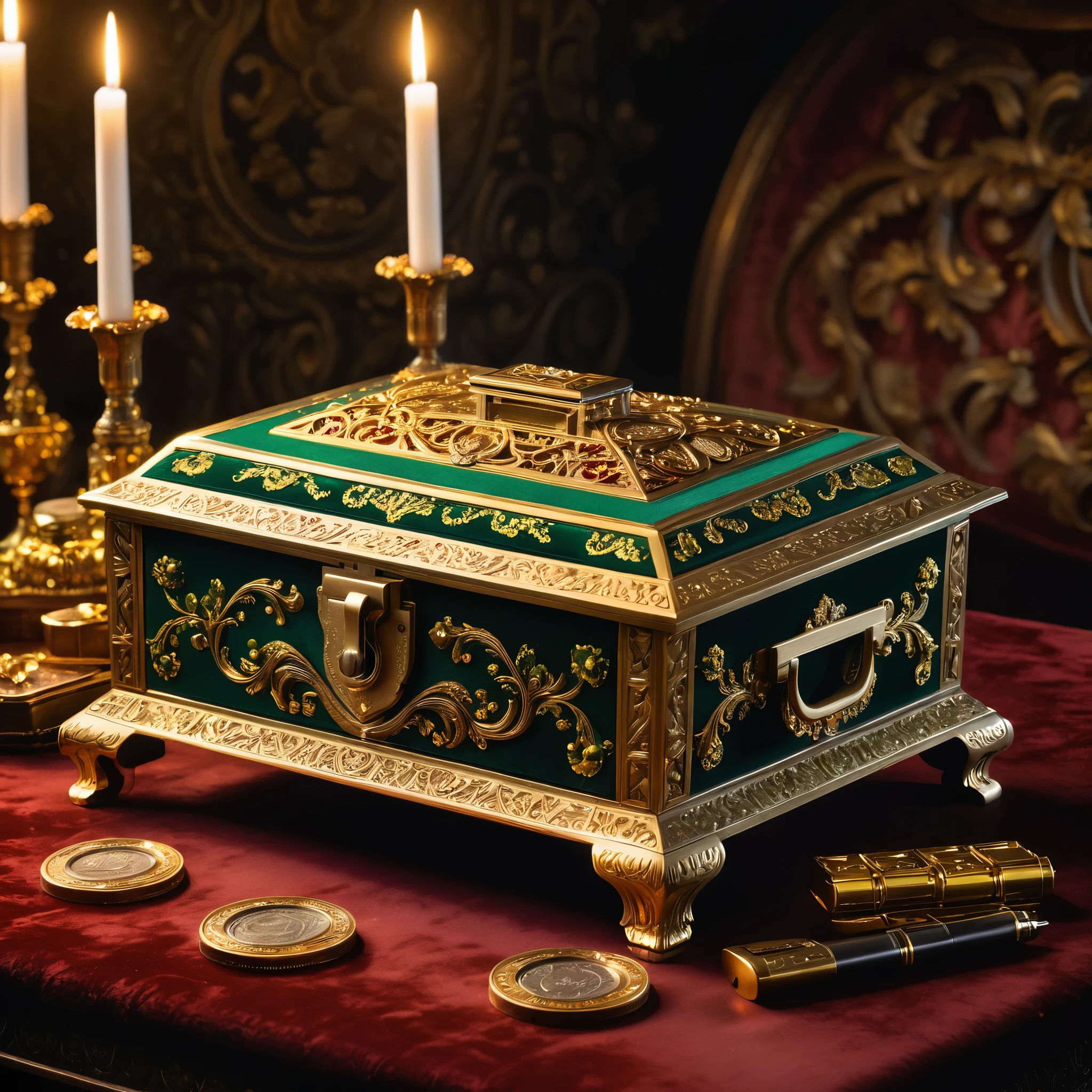 **drone shot, photo realism, ornate handgun safe/jewel box, richly decorated with intricate patterns, placed on a velvet-lined table, Customized decorated period handgun, A few ammo cartridges, golden trim, sparkling gems embedded, surrounded by ancient scrolls, tiny figurines, opulent atmosphere, dim lighting, faint candle glow, shadows dancing, rich reds and deep greens, rim light, high detail, sharp detail, slight haze, vibrant colors, volumetric lighting, hyperrealistic, master level photography, Victorian period, dynamic composition