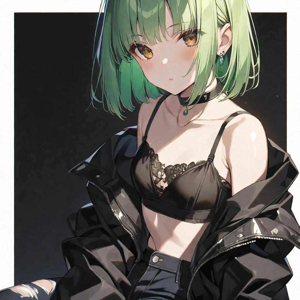 solo, handsome, Glossy feel,
1. Female,
Hime cut,Straight Hair,Bob Hair,
light green hair,
Nakano Yotsuba,
brown Eyes,Soft look,beautiful,beautiful,Sexy,Darkness,Lots of black earrings,choker,
black Off Shoulder,black Distressed jeans, bra, eyeshadow,
skin,Alluring,
black background,