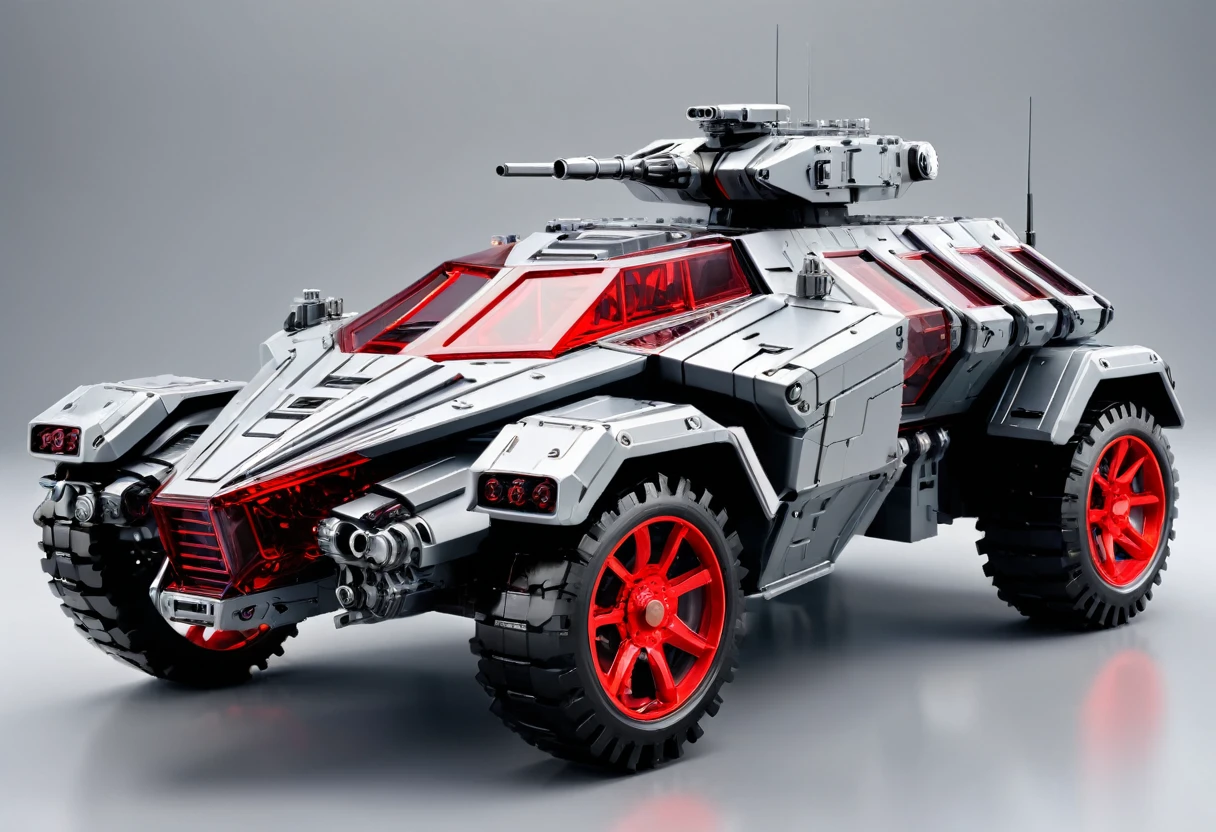 solid light grey background, Red and black transparent mechanical armored vehicle , Complex and sophisticated internal structure, Heavy armor,(Well-designed, High Detail, masterpiece, best quality, Ultra HD, Sharpen details)