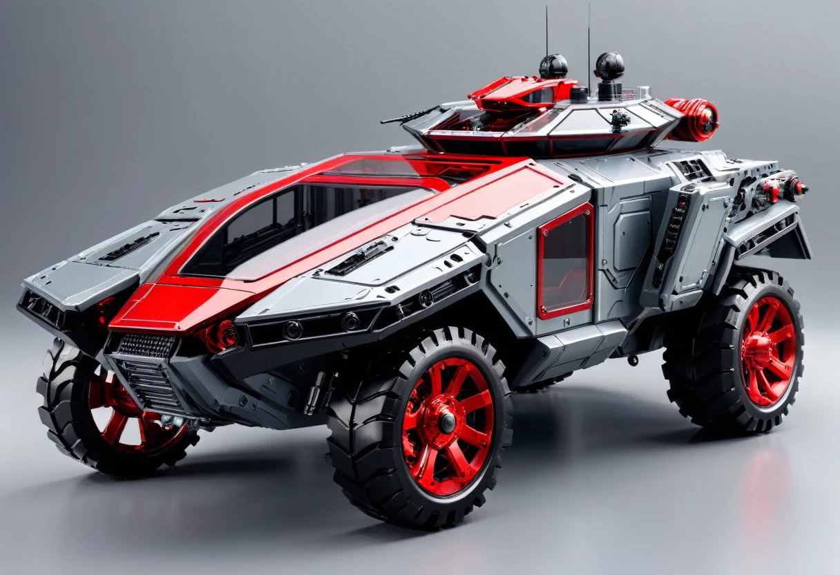 solid light grey background, Red and black transparent mechanical armored vehicle , Complex and sophisticated internal structure,  Heavy armor，(Well-designed, High Detail, masterpiece, best quality, Ultra HD, Sharpen details)