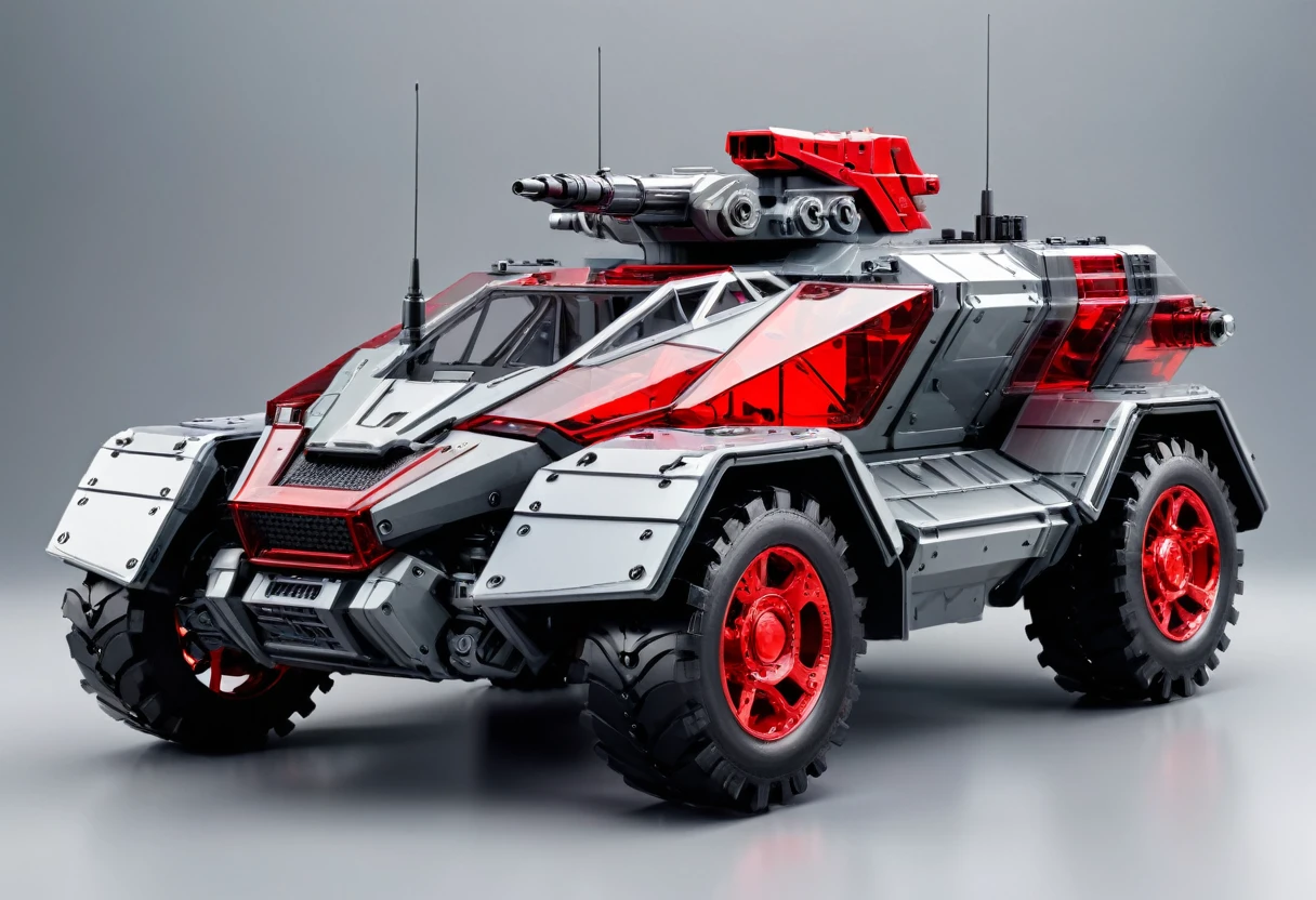 solid light grey background, Red and black transparent mechanical armored vehicle , Complex and sophisticated internal structure, Heavy armor,(Well-designed, High Detail, masterpiece, best quality, Ultra HD, Sharpen details)
